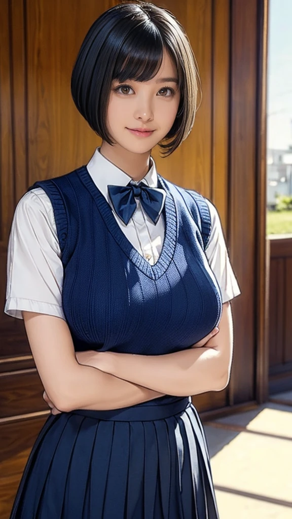 (photorealistic, 32k, RAW photo, best quality: 1.4), (masterpiece:1.3), (absurdres, attractive, ultra high resolution, ultra realistic, highly detailed, golden ratio, ultra detailed, super fucking beautiful detailed face), natural makeup, detailed cloth texture, detailed hair texture, beautiful detailed fullbody, Perfect female body, accurate, Anatomically correct, Highly detailed face and skin texture, (beautiful hands), (realistic skin), (beautiful pale skin:1.1), (beautiful large breasts:1.2), (thighs:1.2), (cowboy shot:1.3), (Perfect dynamic composition, looking at viewer),
BREAK,
realistic eyes, beautiful detailed eyes, symmetric eyes, Light Brown eyes, Double eyelids, Thin eyebrows, (Glossy lips:1.4), ((A face with waiting for a kiss, Seductive smile:1.2)), (weat skin, blush:1.1),
BREAK,
((short hair, bob, Dark blonde hair, bangs:1.2)), Daytime, ((Standing in classroom:1.3)), (school uniform:1.3)