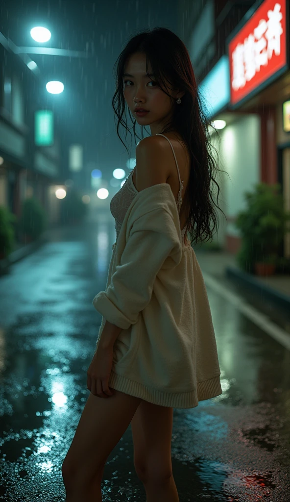 Woman outside in pyjamas, caught in a downpout, raining, drenched, soaked, wet clothes, dishevelled,oil covered clothes, wet skin and hair, posing, cold grey light, symmetric, pornographic, photographic quality, masterpiece, 8k, looking at viewer, cold, on city street, standing, late night, neon, busy street, narrow depth of field, close up, detailed eyes, dripping wet