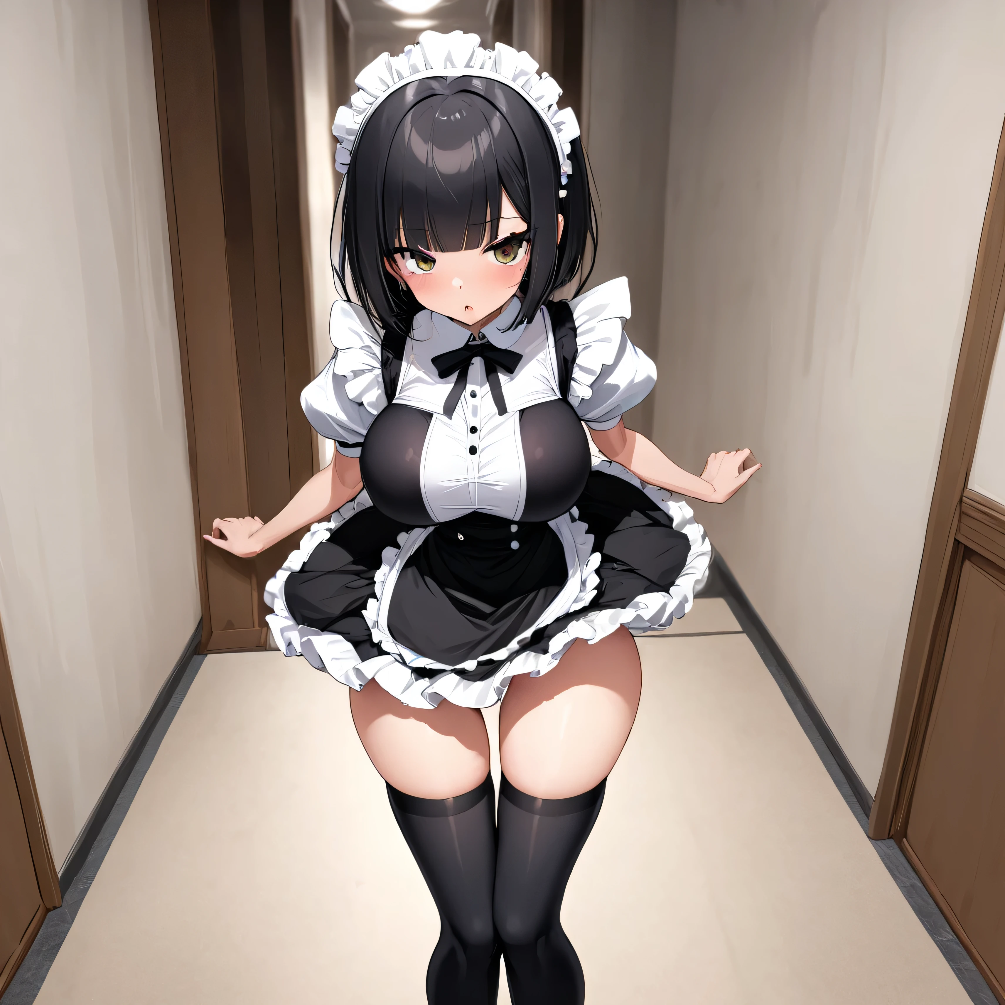 (1 solo skinny ish maid standing in dark bedroom:1.3), (large breasts), cleavage, apron cinches breasts, show off nipples, (inconceivably narrow waist), skinny long legs, highheels, frilled maid dress, (curtsey:2.0), (lift skirt up by own both hands:1.5), (show off white string panty:1.5), (show off cameltoe for viewer:1.5), nsfw, (orgasm), (excessive pussy juice:1.2), open mouth, (screaming)