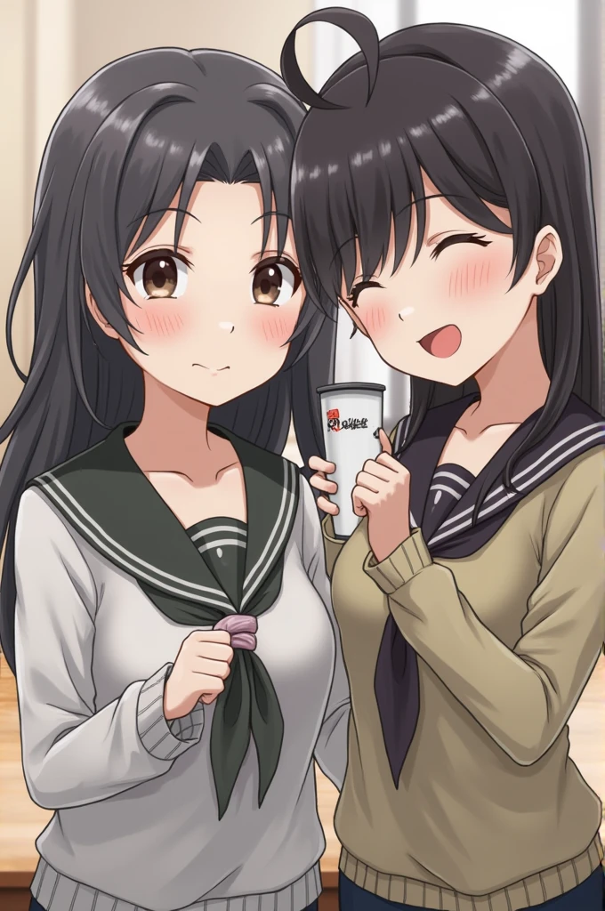 2 girls, by 2 person, Girl&#39;s brown eyes, black hair, medium long hair, Inward roll、(Navy blue sailor suit:1.4),indoors, Cafe、very big breasts、publish one&#39;chest of、Naked things&#39;chest of、blush、embarrassing、scary face、I&#39;m worried、confused face、a large amount of breast milk comes out of the nipples,、Breast milk gushes from the nipple、very short skirt、micro mini skirt、female shape&#39;Private parts are clearly visible、vibrator in thighhighs、The crotch is wet with love juice、Massage the breasts、Looks painful、Full body portrait