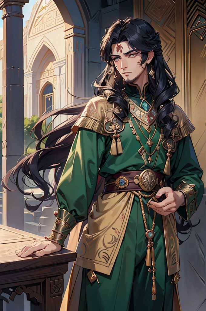 (masterpiece),(highest quality),highres, (extremely detailed),handsome persian man, anime guy, dollish eyelashes, middle-eastern complexion, ((sassanid fahions 1.8, sassanian fashion, iranian kanddys, persian kandys,)), (pipe curls, )structured ringlet curls, (marcel waves,) pensive, (glowing emerald eyes 1.9), stark kohl-lined eyes, long hair, (sassanid hair), ((kohl, eyeshadow,)), in the style of Arnold Bocklin, colorful eyeshadow, tidy, neat, male, (middle eastern man,) dappled sunlight, kaftan, high standing collar that flares backward, dramatic chiaroscuro,vampire collar, persian brocade, richly embroidered, bjd, 