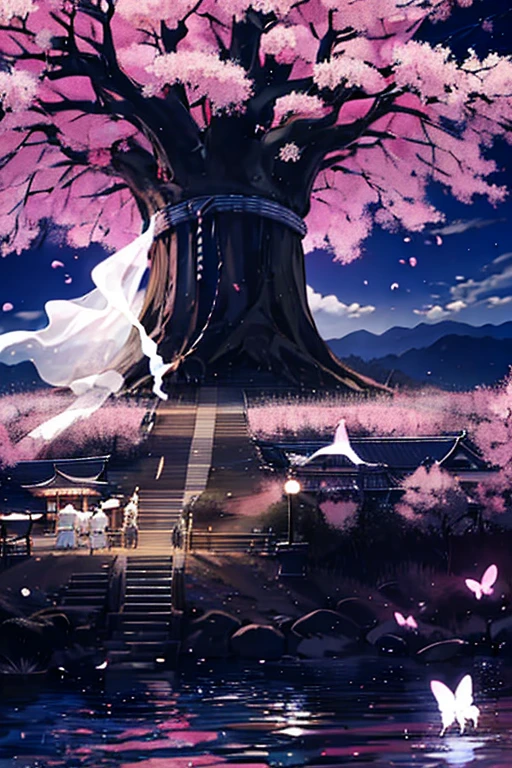 saigyouji yuyuko having a picnic under a cherry blossom tree eating gourmet food, night cherry blossom, moonlit night, drinking sake, having a picnic, small chest, default clothes, saigyouji yuyuko, saigyou_ayakashi, Only_tree, 1Chibi princess, stand next to 🐎, smirk, cute, (Chibi　Riding a pure white horse　Pure white horses together