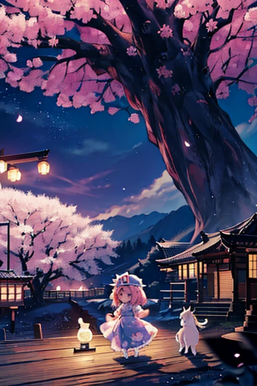 saigyouji yuyuko having a picnic under a cherry blossom tree eating gourmet food, night cherry blossom, moonlit night, drinking sake, having a picnic, small chest, default clothes, saigyouji yuyuko, saigyou_ayakashi, Only_tree, 1Chibi princess, stand next to 🐎, smirk, cute, (Chibi　Riding a pure white horse　Pure white horses together