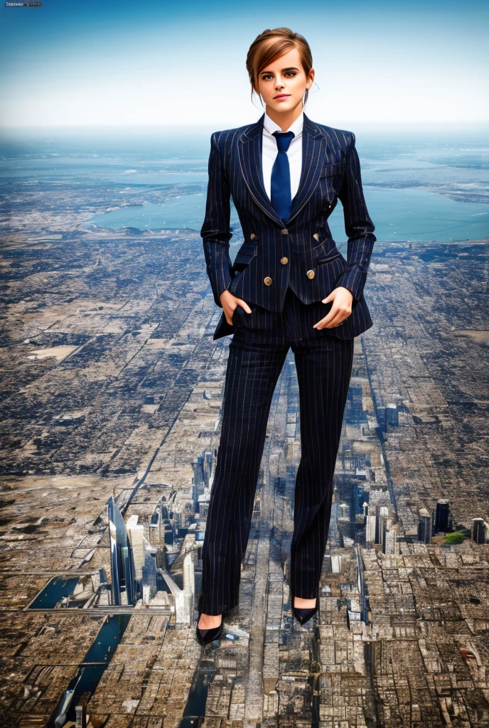 Highly detailed Giantess shot, Giantess, Emma Watson, ((multiple women who are miles taller than a skyscraper)), big breasts, hourglass figures, navy pinstriped suit, white shirt, huge red tie Windsor knot, high heels, very small metropolis, miniature metropolis, crush the big city, full body description, ＧＴＳ, Giga Goddess, Stomping City, crash city, micro city, High resolution, highest quality, masterpiece, 