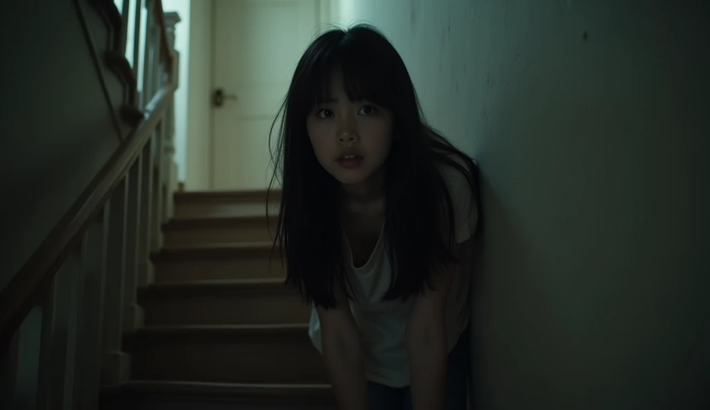 A young teen crawling towards the camera on a bed