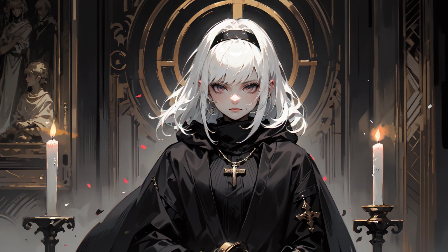 Deep and soft black,Stop at the shoulder,Cloth bands cover eyes,Loli headband,Be red in the face,Mysterious light,Realistis,Intricate details,Holy light overhead