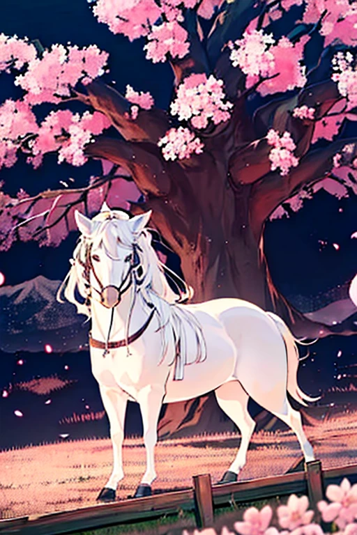 saigyouji yuyuko having a picnic under a cherry blossom tree eating gourmet food, night cherry blossom, moonlit night, drinking sake, having a picnic, small chest, default clothes, saigyouji yuyuko, saigyou_ayakashi, Only_tree, 1Chibi princess, stand next to 🐎, smirk, cute, (Chibi　Riding a pure white horse　Pure white horses together