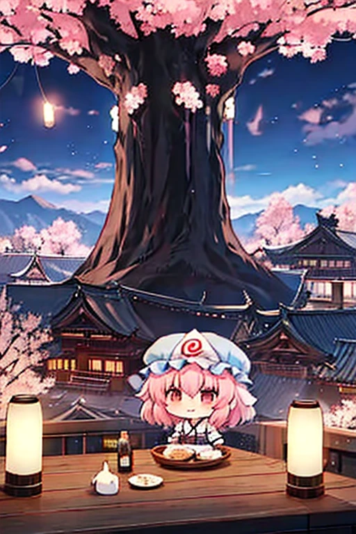 saigyouji yuyuko having a picnic under a cherry blossom tree eating gourmet food, night cherry blossom, moonlit night, drinking sake, having a picnic, small chest, default clothes, saigyouji yuyuko, saigyou_ayakashi, Only_tree, 1Chibi princess, stand next to 🐎, smirk, cute, (Chibi　Riding a pure white horse　Pure white horses together