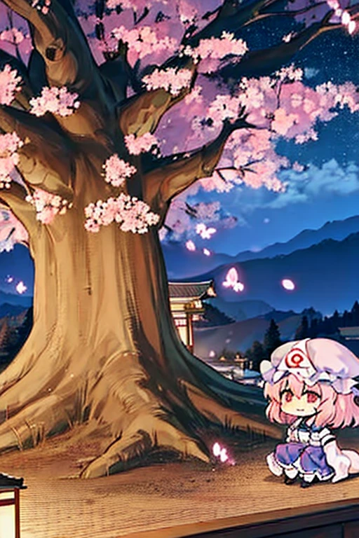 saigyouji yuyuko having a picnic under a cherry blossom tree eating gourmet food, night cherry blossom, moonlit night, drinking sake, having a picnic, small chest, default clothes, saigyouji yuyuko, saigyou_ayakashi, Only_tree, 1Chibi princess, stand next to 🐎, smirk, cute, (Chibi　Riding a pure white horse　Pure white horses together