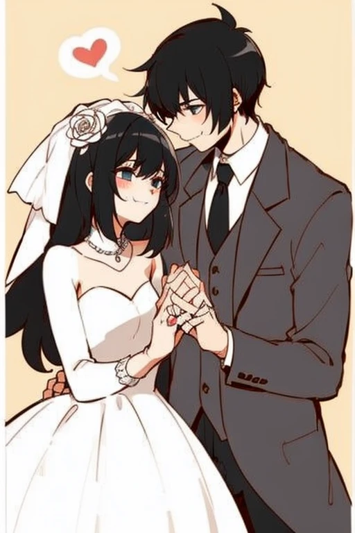 High Quality, 2 person, Male and female, formal wear, wedding dress, black hair, smiling,  bridal ring, perfect hands 