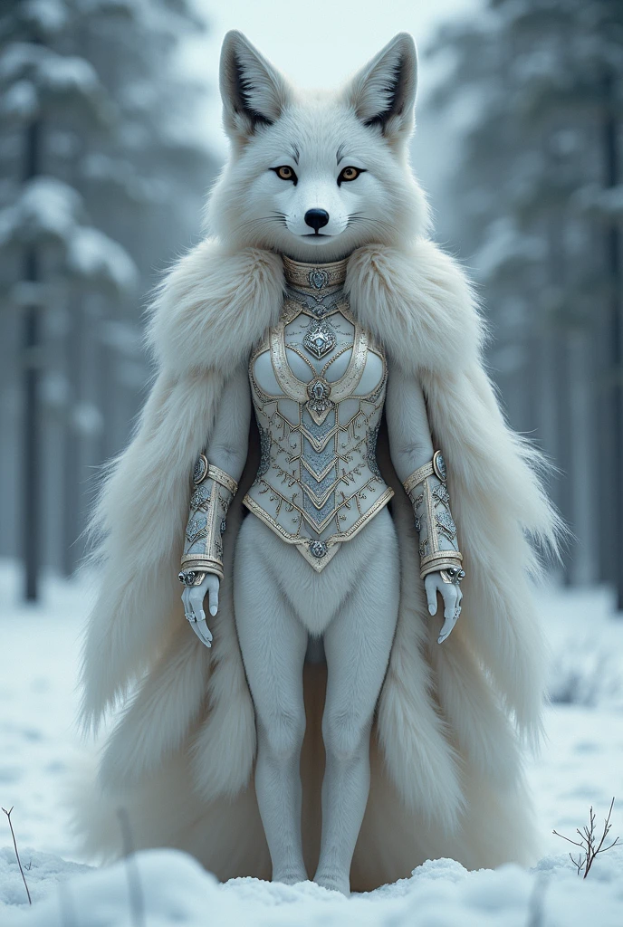 (((solo exhibition)), white fox clothes, lots of decorated costumes, (full body) Take photos of the most beautiful artwork detailed, Intricate details, High detail, Ultra realistic, Hidden armor, proportions, Realistic art,!!!, (((Female Arctic Fox 9 Tails)), Snow covered mountains and forests background, very, very beautiful human art, realistic, 8k, no human hair, no repetition, no repeating tail, no clones, no big heads, ((stuning beautiful idol face)) (highest image quality), (masterpiece), (vibrant, photography realistic, Realistic, Dramatic, Dark, Sharp focus, 8K), (detailed face, lip, nose, rouge, eyeshadow, lipstick, gorgeous face), ((nsfw)) , sexy face beautiful girl, Hour-glass figure body ((full body:1.3)), looking at viewer, blur, blurred background, blurred foreground (bokeh, lens flare, anamorphic lens flare, depth of field), big boobs, long legs, (( 9 Tails:1.2))