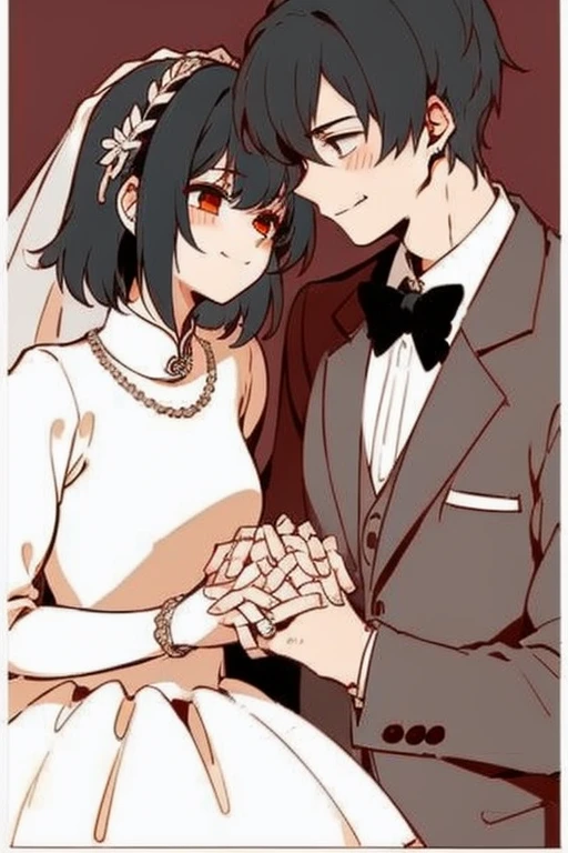 High Quality, 2 person, Male and female, formal wear, wedding dress, black hair, smiling,  bridal ring, perfect hands 