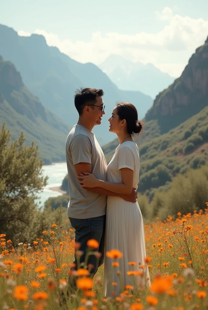 A man hugging his girlfriend in a beautiful scenic view