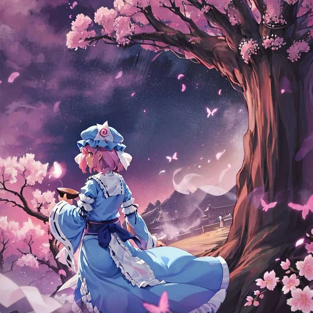 Saigyouji Yuyuko Having a picnic under the cherry blossom tree, eating gourmet food, night cherry blossom, moonlit night, drinking sake, having a picnic, small chest, default clothes, Saigyouji Yuyuko, Saigyou Ayakashi, Only_tree, 1Chibi princess, stand next to, smirk, cute, (Chibi　Riding a pure white horse　Pure white horses together