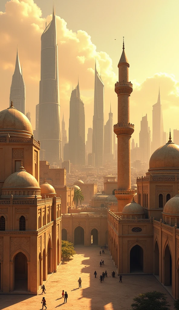 a skyline picture at dawn of a multi religious city, there are many buildings, standing above them are holy building to several places of religious worships, a (catholic church: 1.2), a (Mosque: 1.2), a (Synagogue: 1.2), sunrays, few light clouds, divine rays, sky in various shades of red, orange and purple, sense of divinity, ultra best realistic, best details, best quality, 16k, [ultra detailed], masterpiece, best quality, (extremely detailed), ultra wide shot, photorealism, depth of field, hyper realistic