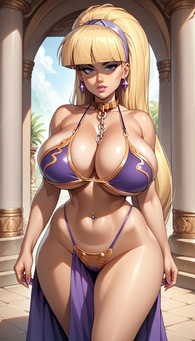 score_9, score_8_up, score_7_up, source_anime, best quality, solo, clear face, huge breasts, perfect body, looking at viewer, slave, purple slave bikini, palace, standing, dynamic angle, purple high leg thong, from behind, big ass, wide hips, navel piercing, purple pelvic curtain, Pacifica Northwest, older, 30 years old, blonde, long hair