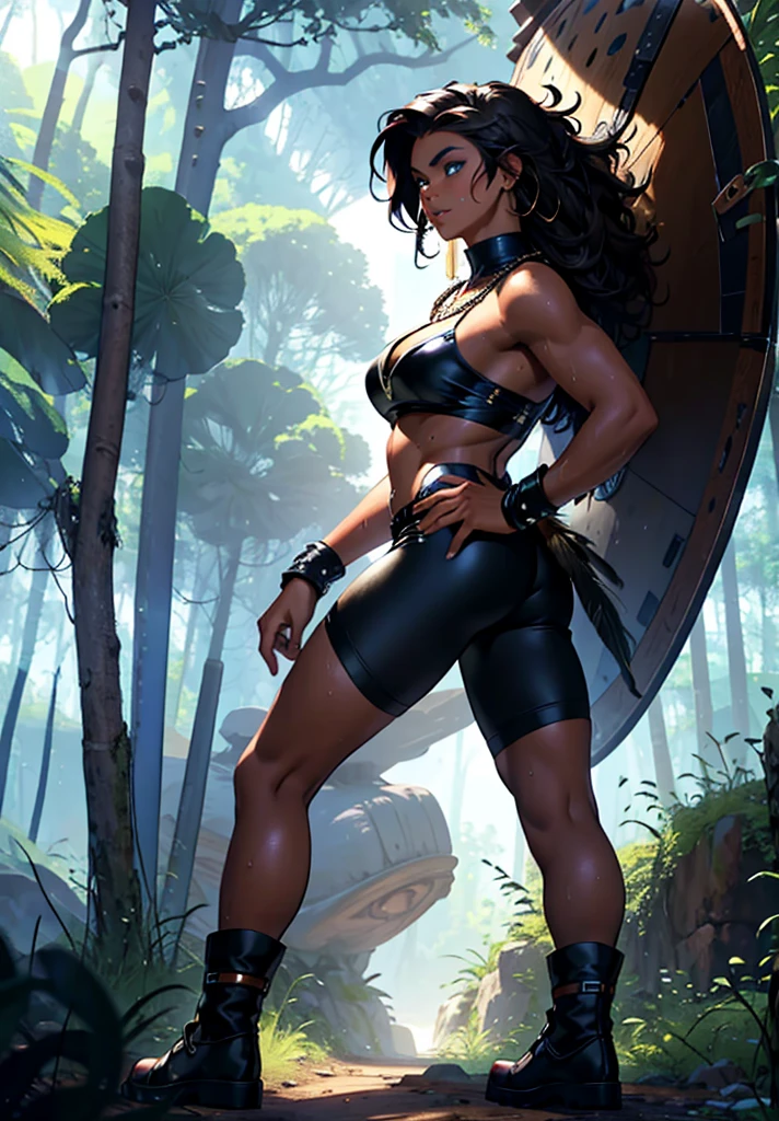 (GC superior, Obra maestra, incredibly detailed, Alta calidad, photo taken from behind), Diosa guerrera africana con armadura de bikini rojo, jungle landscape, mujer musculosa, ((trasero extremadamente grande e inflado)), medida de cadera 150 cm