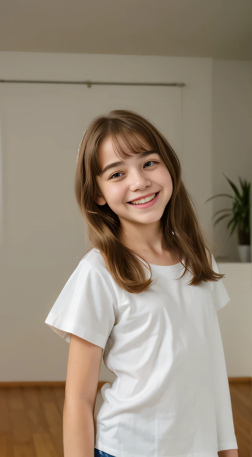 create a t shirt mock up, of a average looking young european female ??? wearing a white t shirt in a boho styled kids room, make it look like a real human creases in the face, no filters, all natural looking human skin