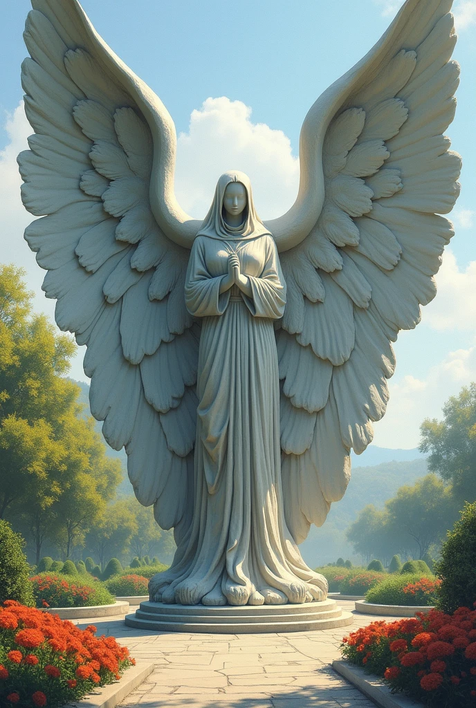 [Angel statue on a postament:Angel:0.2], Gold stone statue of a praying woman, [Closed Hands in Prayer], [(Angelic wings), robe::0.2], [[flourishing plants]:((flourishing plants)):0.2], Calm beautiful face, [cloudy sky, god&#39;s rays:(god&#39;s rays):0.4], [ruins of a ruined cemetery, Forsaken monastery, Forged fence:Broken tombstones, (crumbling ruins), (desolation):4], Raw photo, Fujifilm XT3, Canon EOS R5, sharp focus, Depth of the bounds written, [pale colour:super detailed, high contrast:0.4]