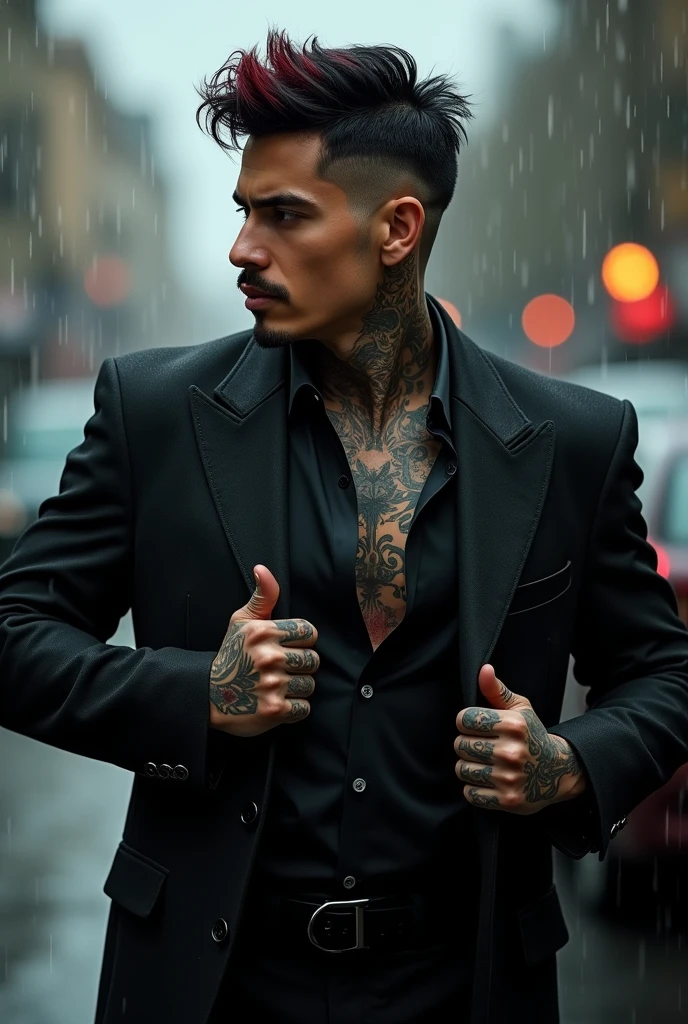 create an image of a handsome Italian man, good looking, elegant, brutal, fierce, intimidating, dressed in italian mafia style, taking off his shirt, has tattoos, standing holding a gun, smoking a cigarette. there is a mafia corpse on the ground in front. standing in the middle of a street in new york. 70's movie style, vintage color film