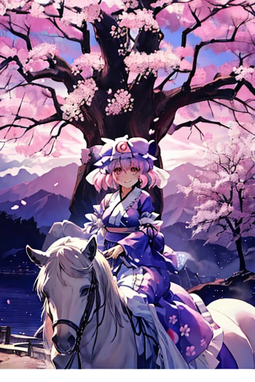 Westboundji yuyuko Have a picnic under a cherry blossom tree eating gourmet food, Cherry Blossoms at Night, Moonlit Night, Drinks, Have a picnic, Small breasts, Default Outfit, Westboundji yuyuko, Westbound_ayakashi, only_tree, 1Chibi princess, Stand next to 🐎, Grin, cute, (Chibi　Riding a pure white horse