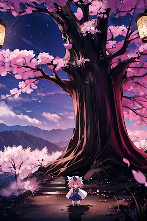 Westboundji yuyuko Have a picnic under a cherry blossom tree eating gourmet food, Cherry Blossoms at Night, Moonlit Night, Drinks, Have a picnic, Small breasts, Default Outfit, Westboundji yuyuko, Westbound_ayakashi, only_tree, 1Chibi princess, Stand next to 🐎, Grin, cute, (Chibi　Riding a pure white horse