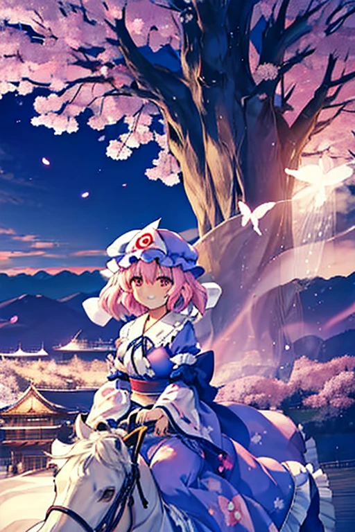 Westboundji yuyuko Have a picnic under a cherry blossom tree eating gourmet food, Cherry Blossoms at Night, Moonlit Night, Drinks, Have a picnic, Small breasts, Default Outfit, Westboundji yuyuko, Westbound_ayakashi, only_tree, 1Chibi princess, Stand next to 🐎, Grin, cute, (Chibi　Riding a pure white horse