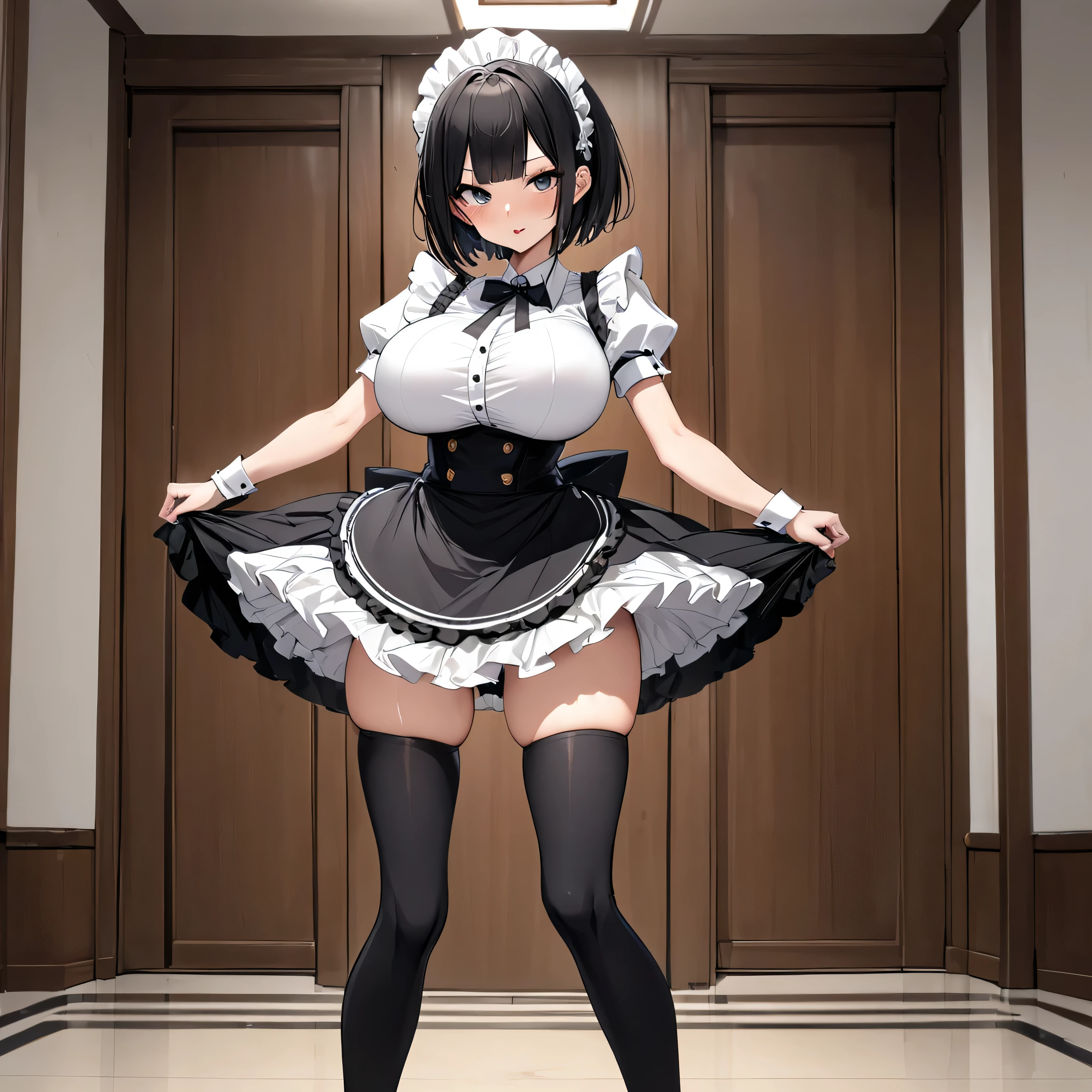 (solo:1.2), (1 skinny maid standing) in hallway, (curtsey:1.3), skinny, maid dress, short black hair, long sidelocks, bangs, BREAK, short torso, white apron cinches waist too tight, (inconceivably narrow waist:1.2), long skinny legs, (bursting huge breasts), BREAK, (both hands lifting too short skirt up), (show off lowleg white string panty:1.2), BREAK, nsfw, cameltoe, orgasm, forced smile