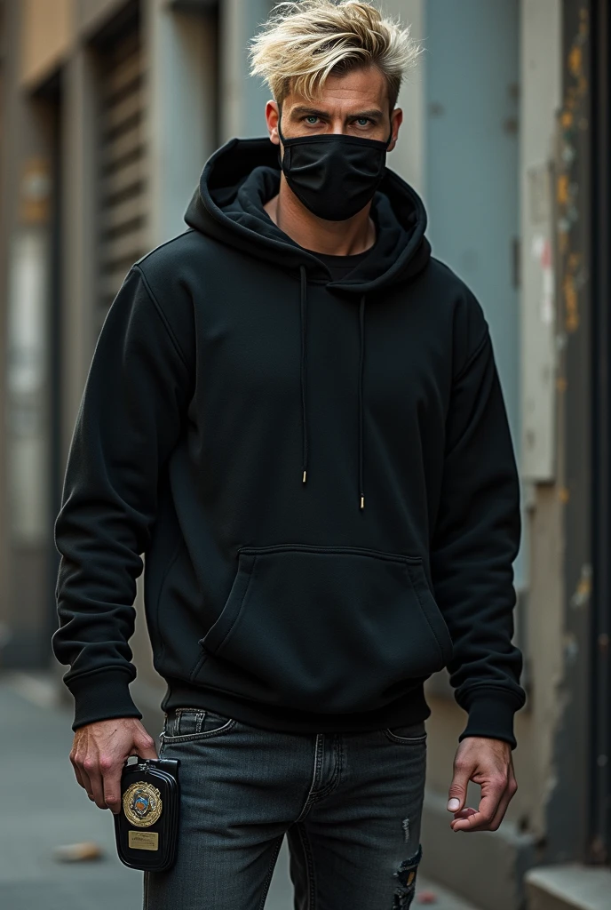 Create an ultra-realistic image of a 19-year-old male wearing a face mask. The young man should have a casual and modern look with short hair, clear skin, and a slight smile behind the mask. He is dressed in casual clothing, such as a hoodie or t-shirt, and the background should be a clean, well-lit urban environment. The image should emphasize natural lighting, detailed facial features, and a soft focus on the mask.