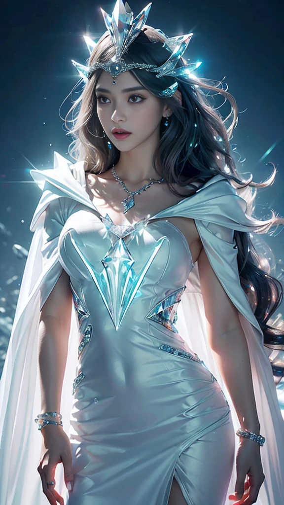 award winning 64k concept art of (black 1girl:1.2) in white majestic open dress standing proudly on the ice, posing, epic, god rays, centered, upper body, (masterpiece:1.2), (best quality:1.2), Amazing, highly detailed, beautiful, finely detailed, warm soft color grading, Depth of field, extremely detailed 64k, fine art, stunning, iridescent, shiny, (light reflections:1.2), (crisp:1.5), silver curls, wind, vibrant, sunlit, (edge detection:1.2), absurdres, impressive, 120mm
