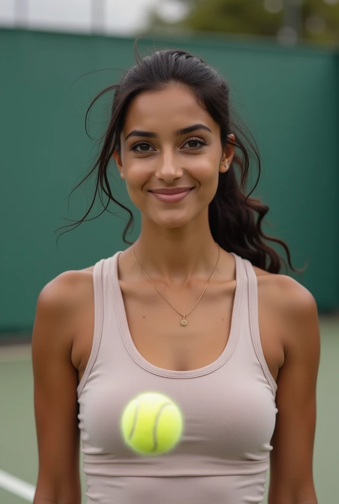 highres,realistic,portrait,young,beautiful,labanese,girl,20 years old,big eyes,detailed facial features,long eyelashes,sharp beautiful nose,straight black hair,natural makeup,fashionable attire,stunning smile,vivid colors,soft lighting,warm tones,rich skin texture,subtle shadows,natural environment,posing on her knees with a racket and a tennis ball,cool atmosphere,nobreeze,bright sunlight-,in a tennis outfit,outside tennis court,on her knees posture