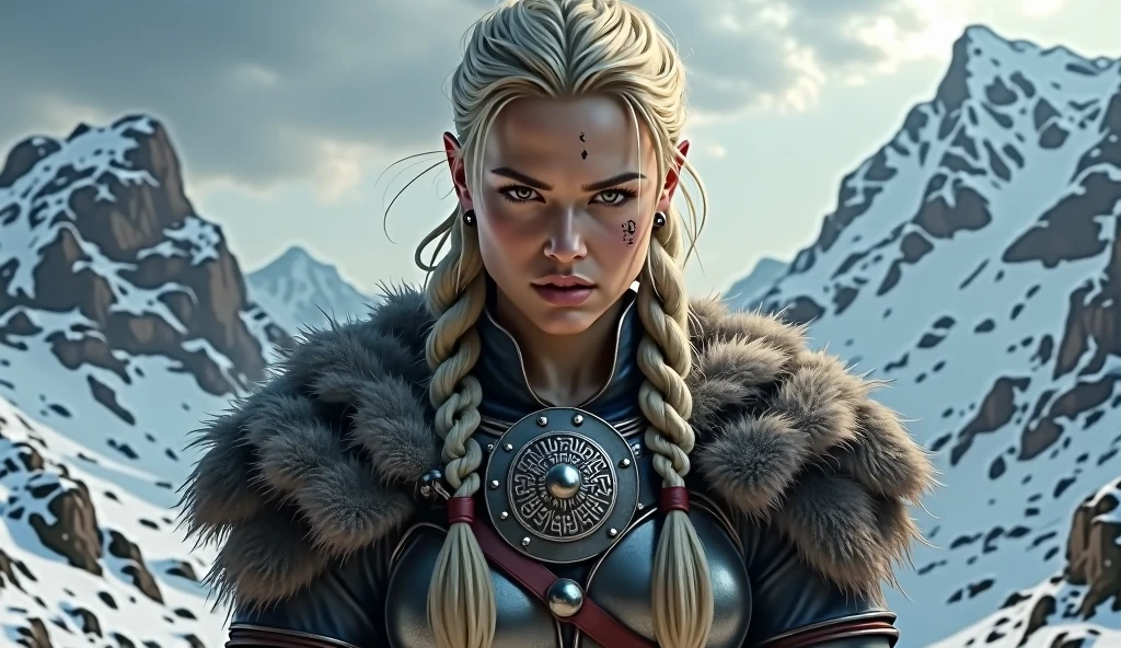 1girl, detailed portrait of a mature Norse woman, blonde long hair in braids, wearing fur clothing, dramatic eye makeup, upper body, fantasy, (best quality,4k,8k,highres,masterpiece:1.2),ultra-detailed,(realistic,photorealistic,photo-realistic:1.37),HDR,vivid colors,dramatic lighting