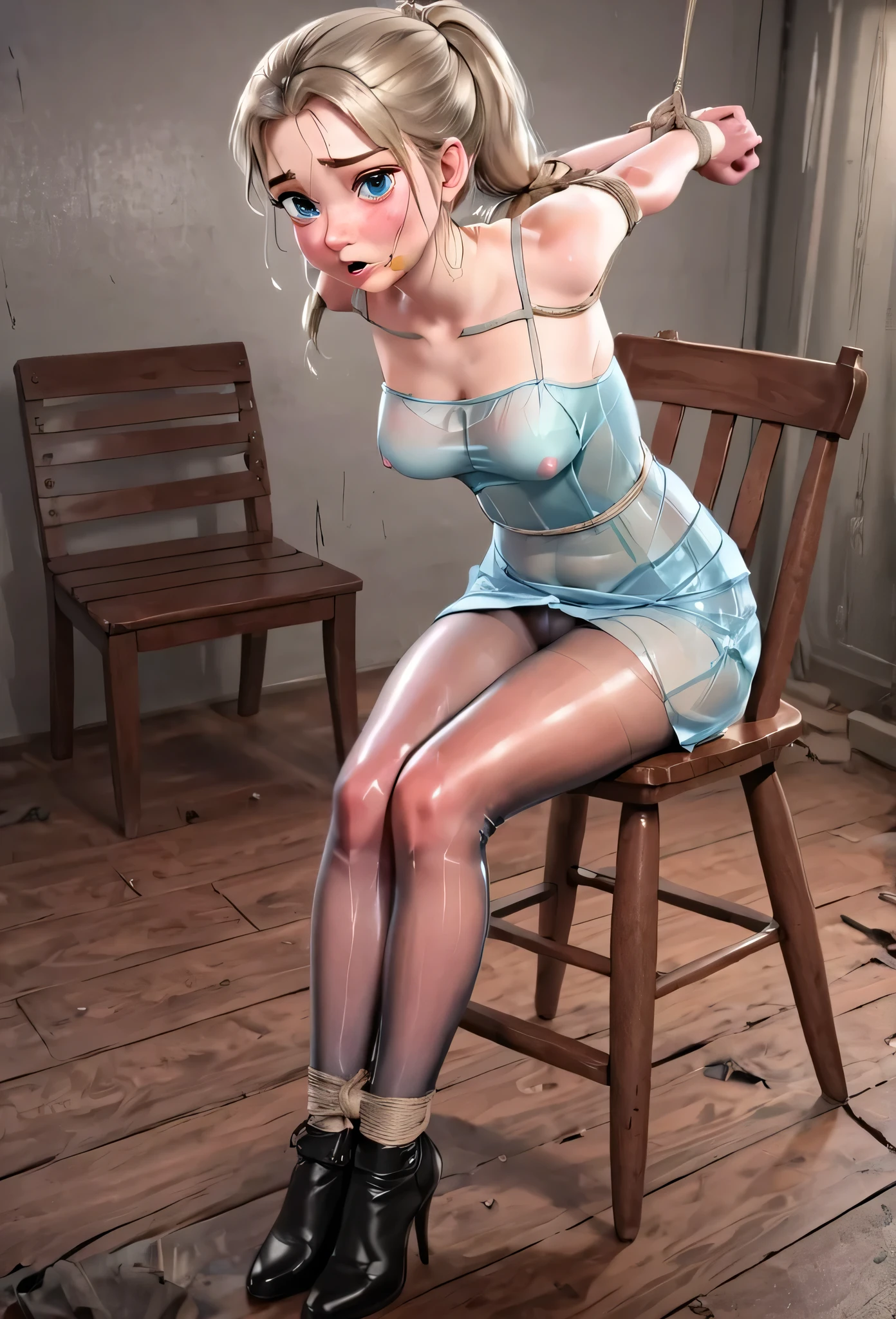 explicit content, score_9, score_8_up, score_7_up, score_6_up, score_5_up, score_4_up, rating_questionable, 1girl, young elsa, sexy hips, she is sitting with crossed legs on a wooden chair:1.5, anatomically correct, Realistic image, Focus full body, ((young elsa wears shiny transparent pantyhose:1.5)), (seethrought short transparent dress that shows her body:1.5), (you can see her naked pussy throught the torn transparent short dress:1.5), she is sitting on the chair with crossed legs:1.5, high heels sexy boots:2, (((young elsa's hands are tied:1.5))), (young elsa expression is sad:1.5), she is covered by cum:1.5, ponytail:1.5, mouth gagged:1.5, her legs are extended:1.5

