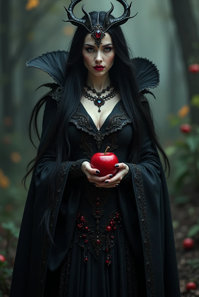 girl,Long black fur,Black Queen,Accessories,Apple in hand,Poison apples,Witch Queen,Red lipstick