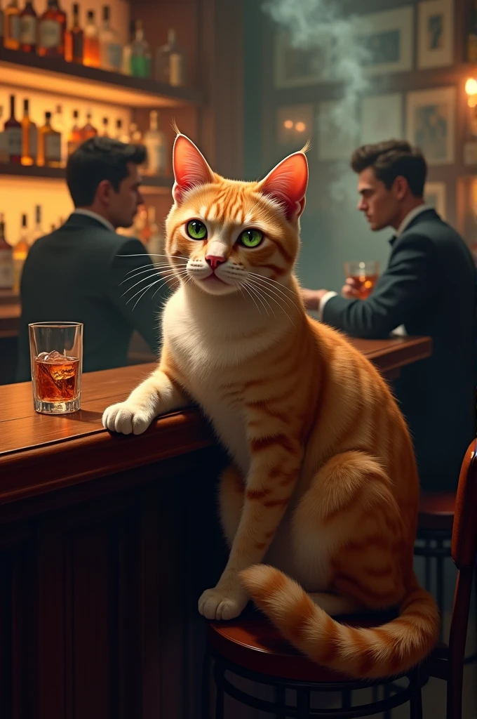 Mafia orange cat smoking a cigar sitting at the bar,
