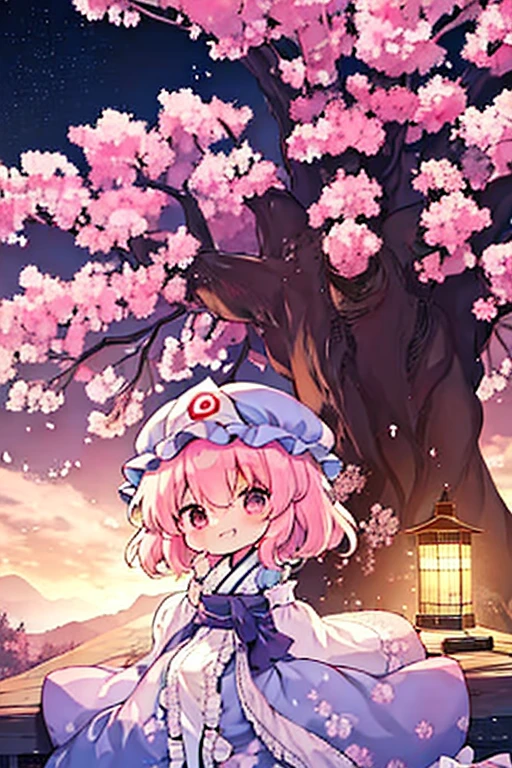 Westboundji yuyuko Have a picnic under a cherry blossom tree eating gourmet food, Cherry Blossoms at Night, Moonlit Night, Drinks, Have a picnic, Small breasts, Default Outfit, Westboundji yuyuko, Westbound_ayakashi, only_tree, 1Chibi princess, Stand next to 🐎, Grin, cute, (Chibi　Riding a pure white horse