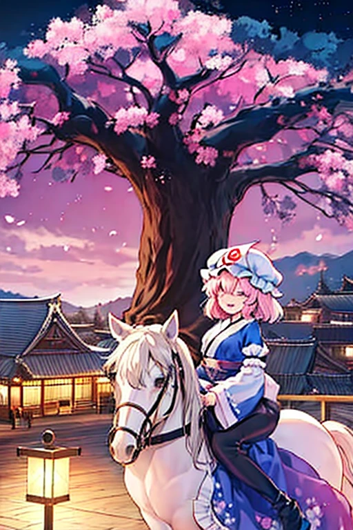 Westboundji yuyuko Have a picnic under a cherry blossom tree eating gourmet food, Cherry Blossoms at Night, Moonlit Night, Drinks, Have a picnic, Small breasts, Default Outfit, Westboundji yuyuko, Westbound_ayakashi, only_tree, 1Chibi princess, Stand next to 🐎, Grin, cute, (Chibi　Riding a pure white horse