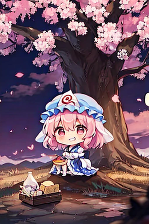 Westboundji yuyuko Have a picnic under a cherry blossom tree eating gourmet food, Cherry Blossoms at Night, Moonlit Night, Drinks, Have a picnic, Small breasts, Default Outfit, Westboundji yuyuko, Westbound_ayakashi, only_tree, 1Chibi princess, Stand next to 🐎, Grin, cute, (Chibi　Riding a pure white horse