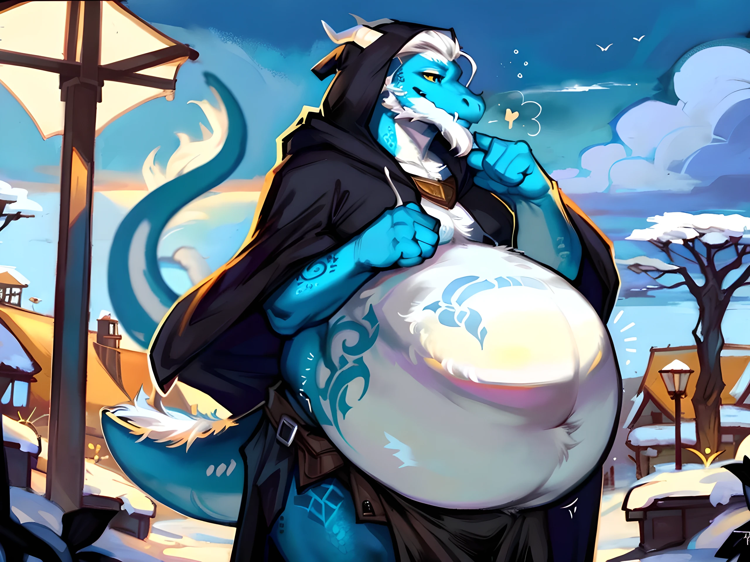 Profile picture, ((Solo)) ((((Dragon)))) (((Boy))) ((((Blue scales, white underbelly skin)))), (((Cyan tattoo on middle of belly, white belly))), (orange eyes), ((Anthropomorphic,)), claws, ((large, very large, very big)), overweight, very fat, very big belly, belly, bloated belly), (very round belly), vore, gurgling belly), ((massive ass)). Lazy, (((dad, daddy, dilf, bara, adult))), aroused. (Outdoors, fantasy, morning, winter). wearing ((Open black cloak with hood)), (loose belt), ((Loincloth)), (magic staff on back), (book on belt), ((mage)), standing. (Direct gaze, looking at viewer sideways, tilted head), smug, by zackary911, by darkgem, by bebebebebe, posted on e621, posted on FurAffinity, ((shading)), (((old, white beard.)))