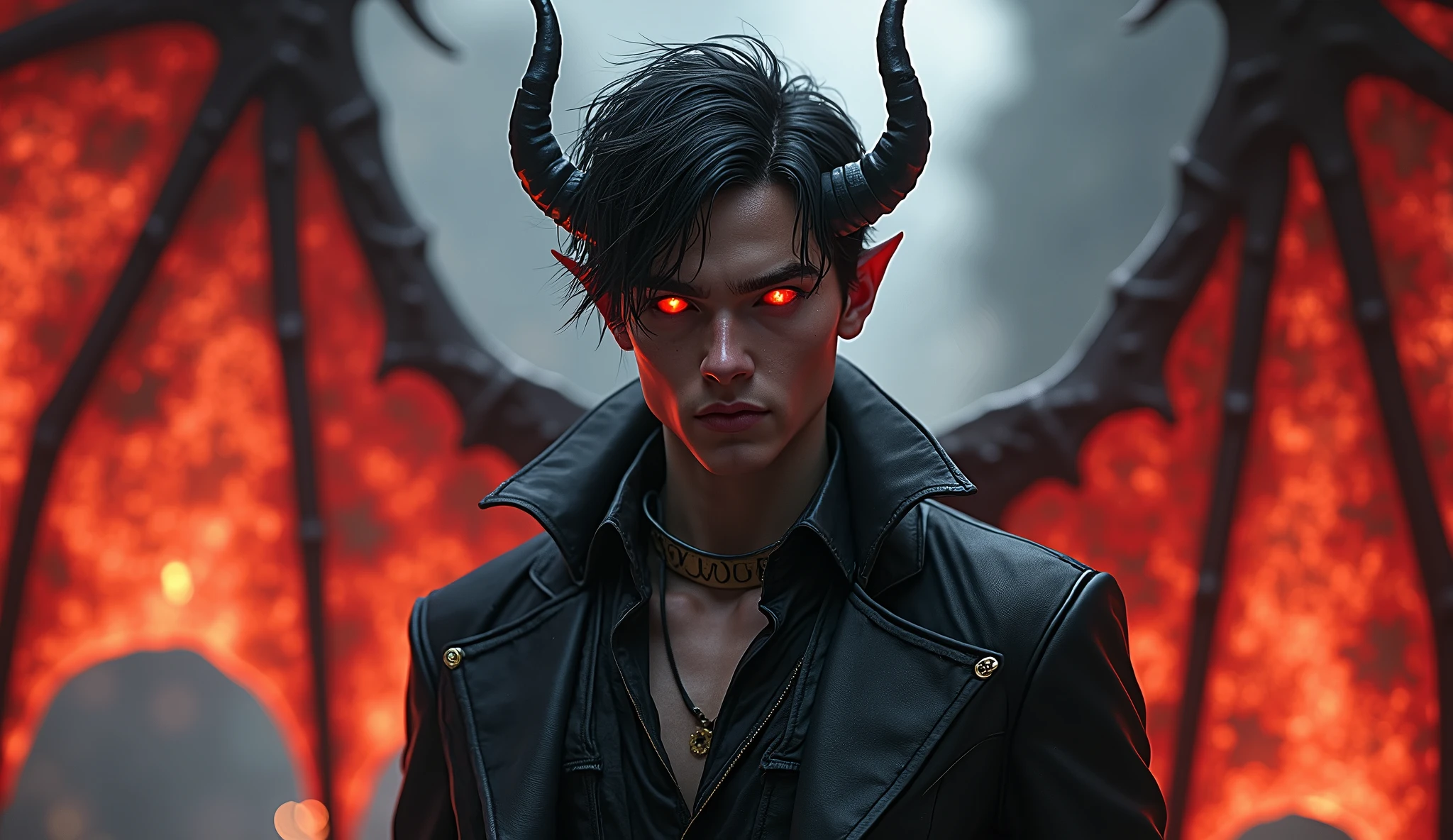 Describe a scene depicting a young mage, aged between 30 and 35, wearing a charred and weathered black robe. He has slicked-back black hair and deep black eyes that convey a dark and blasphemous aura. Bright red tattoos on his hands stand out, pulsating with sinister energy. The mage stands at the center of a glowing golden circle of transmutation that radiates intense light, cutting through the low-saturation environment. In the background, he is situated within the ruins of an ancient god with horns, now in decay and decadence. The mage's face reflects weariness and despair as he holds a lit cigarette in his mouth, leaving a trail of dark smoke in the air. The scene is stained with blood, as if something terrible has occurred there. The combination of dark elements, golden glows, and low saturation creates a unique and unsettling atmosphere in this image --auto --s2
