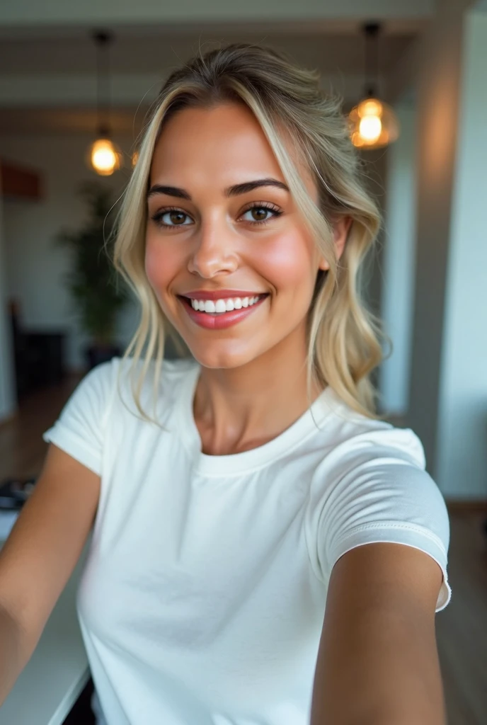 provocative photo of blonde smile blonde hair 27 years old beautiful fitted shirt in kitchen naked can see the through the body posed looking at camera transparent clothes, blonde beautiful hair, beautiful lips hands, eyes. full length photograph oil shining on body,wet clothes tight and body good brest