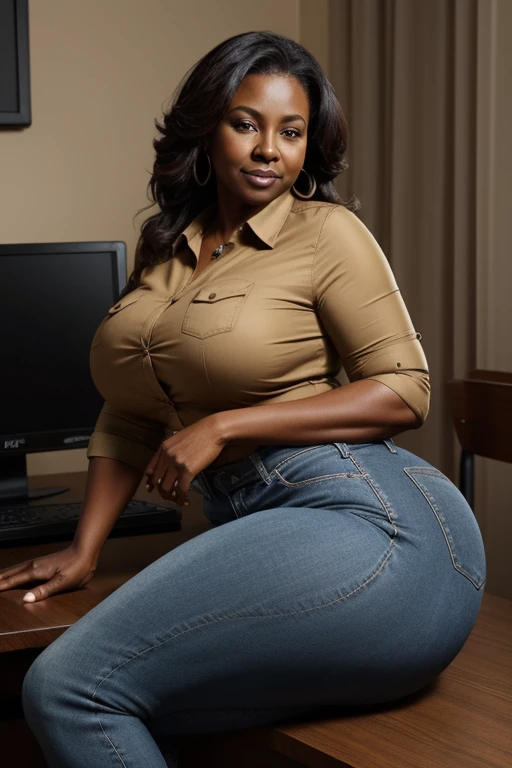 Mature 50 year old woman with wide hips. brown skin. curvy silhouette. Wear skinny jeans and a fitted button-down shirt. Woman with wide and big butt. Front photo reclining on a desk.