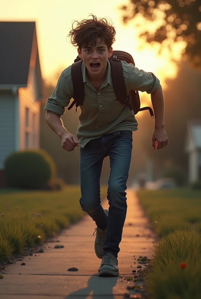 : The boy, in tears, runs through a quiet neighborhood at dusk, heading back home. His face is emotional, and he holds the diary tightly in his hand. The road is empty, and streetlights are starting to glow. The atmosphere is tense, capturing the urgency and regret in the boy’s posture.