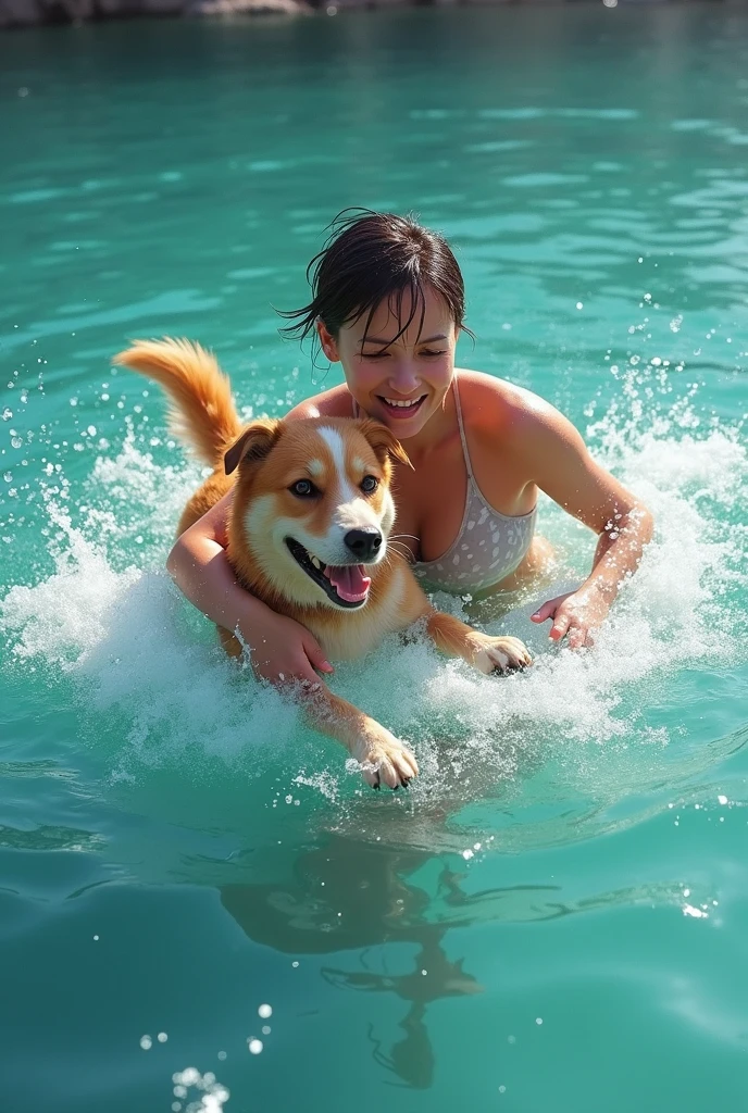 Brea Larson (age 25, colorful bikini) playing with a big happy dog, licking face, backyard fun, scene of happiness
