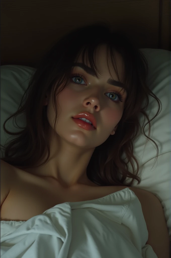 (((Emma Watson))), The tall slender adult woman lying on her stomach in bed, the small round butt is in focus, she is wearing white hot pants, collarbone, small head, (photorealistic:1.2) (best quality) (intricate details) (8K) (High Poly) (Raytracing) (Cinema Lighting) (Sharp Focus) (Detailed Face), whole body, realistic skin textures, she looks seductively into the camera, gentle face, beautiful natural skin, beautiful relaxed face, thoughtful, dreamy