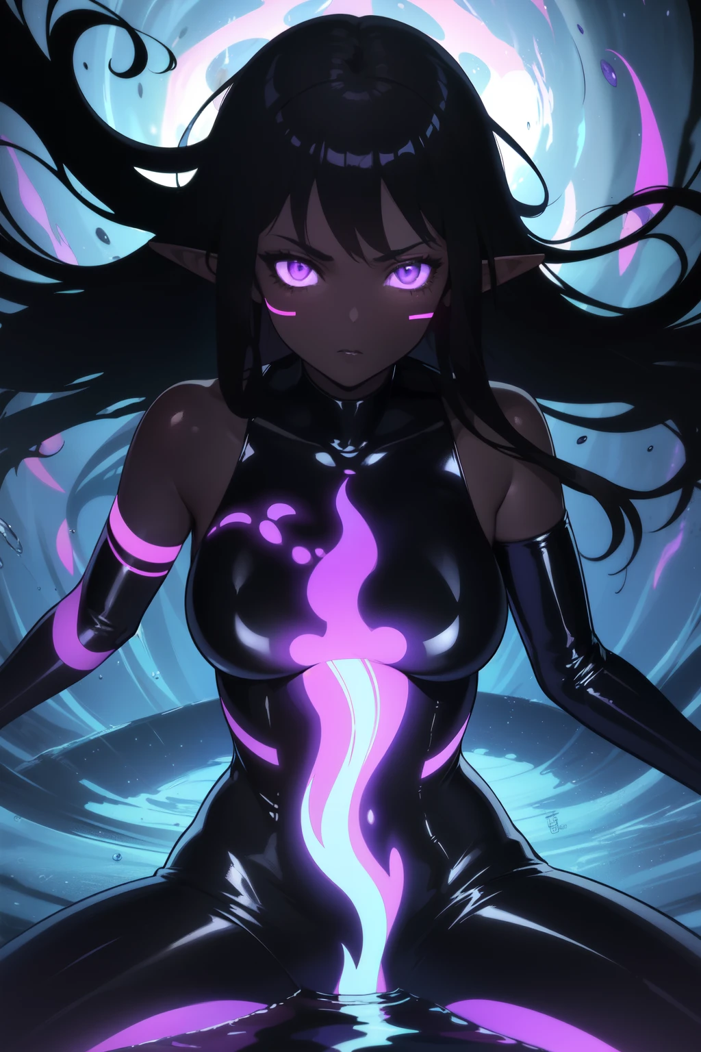 black glow、(((Blue tattoo)))、blue eyes、the background is darkness、(((jet black skin)))、naked、(((pubic hair)))、female organ、strong wind、beautiful girl magician、(((Black Hair Upstyle)))、((whole body))、(((photo taken from below)))、Shadow、darkness