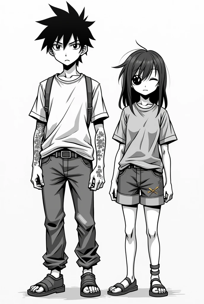 Tomboyish girl, side portrait, black and white, messy short hair, edgy accessories, ripped jeans, sporty style, casual t-shirt, confident gaze, monochrome color scheme, looking to the side, chic street fashion, casual hands in pockets pose