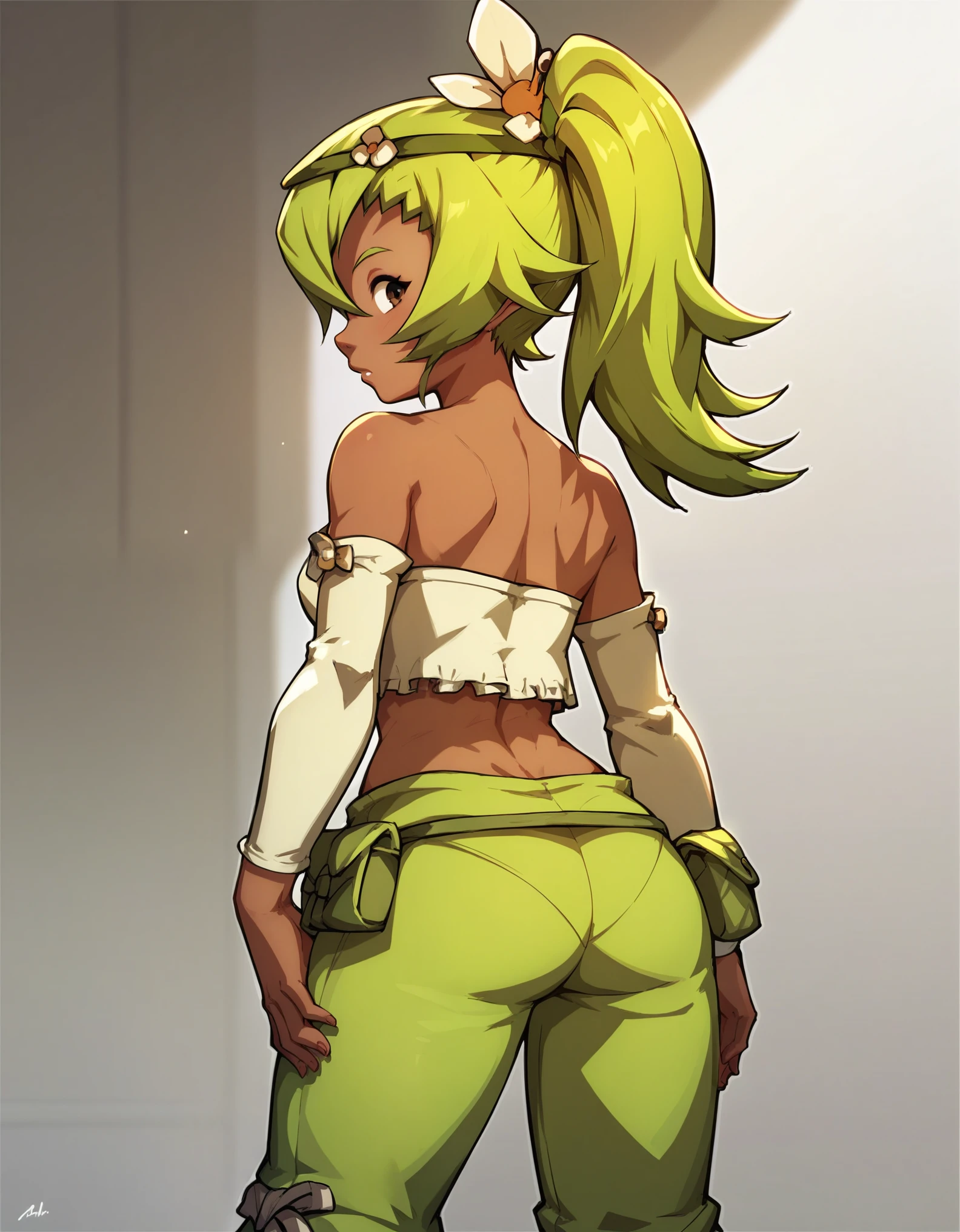 Score_9, score_8_up, score_7_up,  Amalia Sheran Sharm, Amalia, 1girl, solo, brown eyes, dark skin, green hair, ponytail, bare shoulders, detached sleeves, pants, from behind, looking back,