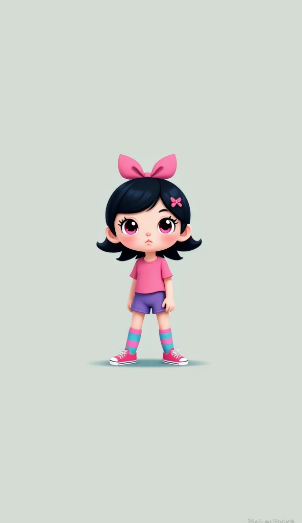 masterpiece, Highest quality, Smiling cute chibi, ((black)) hair, (((Light blue dress,shortスカート))), (((short))) white hairbow, White socks, (((black))) Mary Jane Pump, School backpack, (((whole body))),((((Pink pants are visible。cameltoe))))、garden