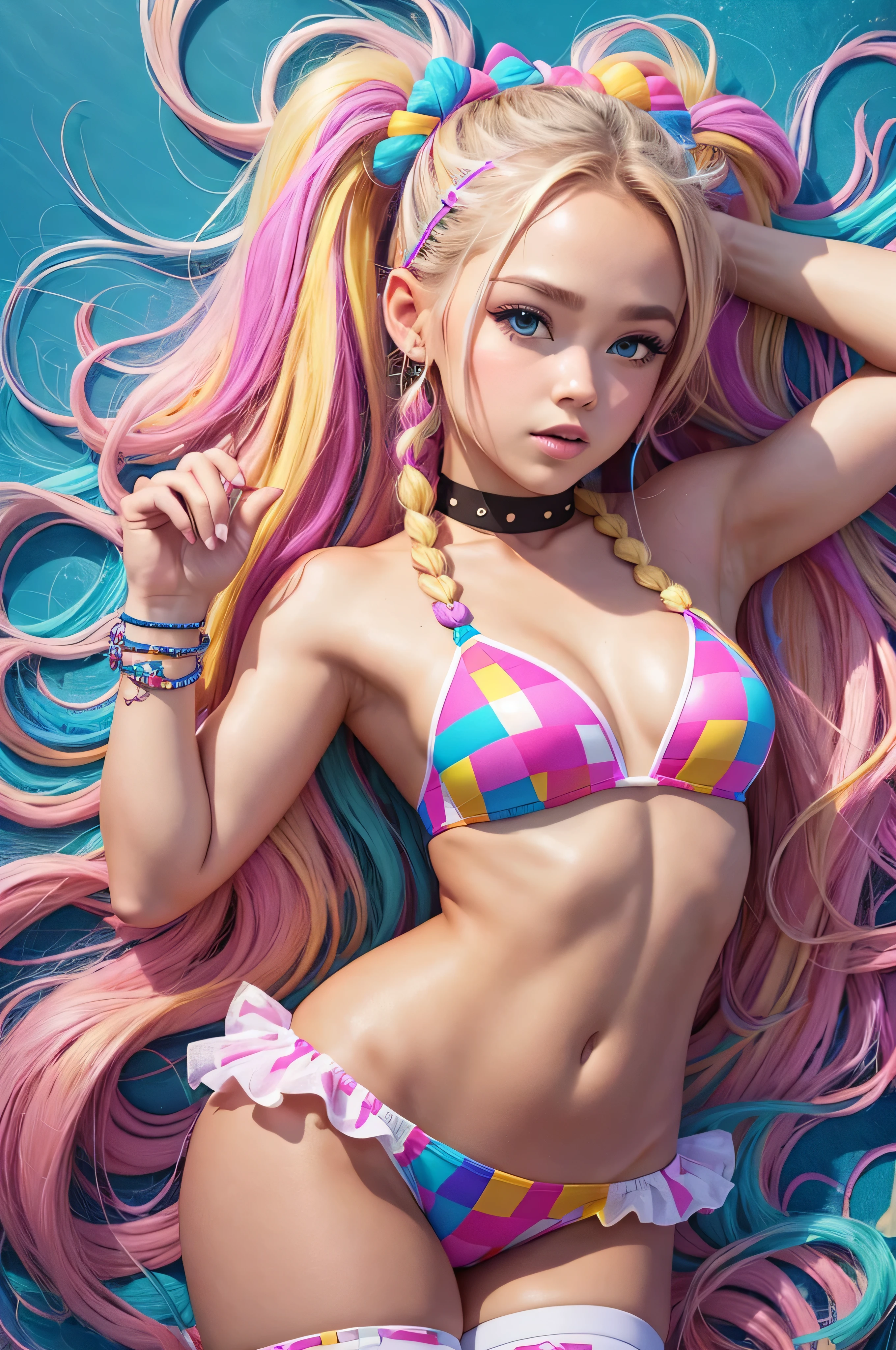 ((Brec Bassinger)) , blond woman in a bikini with a choker, wearing pearl neon bikini, colorful hair, blond hair with twintails,
y 2 k cutecore clowncore, blonde goddess, electronic bikini, rave inspired, bold rave outfit, decora inspired, cute rave outfit,
divine ray over her head, rave outfit, cute bikini, lone female goddess